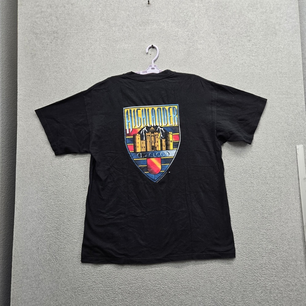 VINTAGE Highlander Men Shirt XL  Black Castle Shield Tee 90s USA Movie Promo
